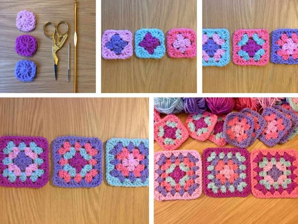 Step by step photos of granny square stages from round 1 to round 5