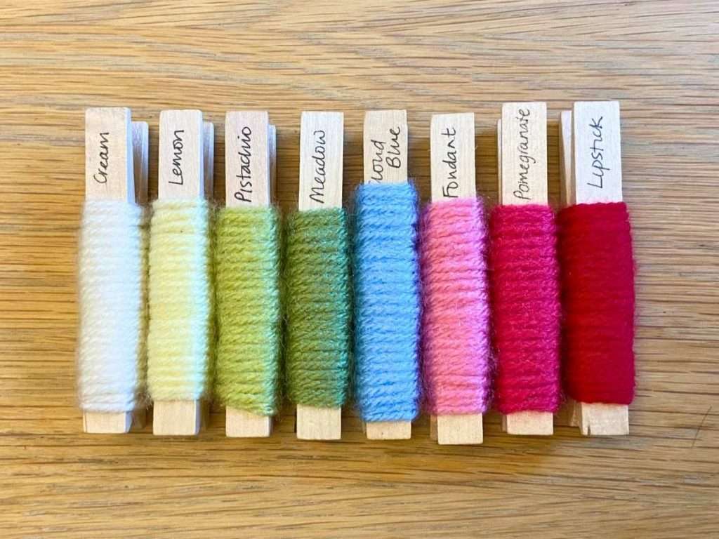 Yarn pegs showing the Cath Kidston colour palette