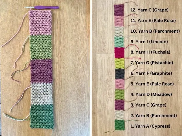 Crochet strip in different colour blocks