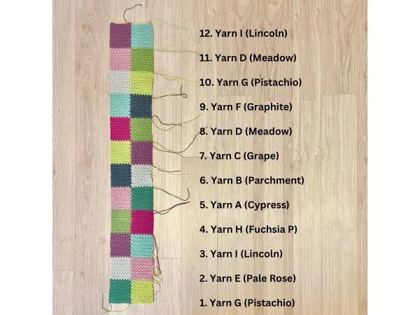 Two vertical strips made up of crochet colour blocks