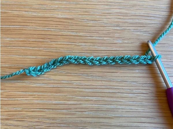 Short crochet chain with dark green yarn and crochet hook