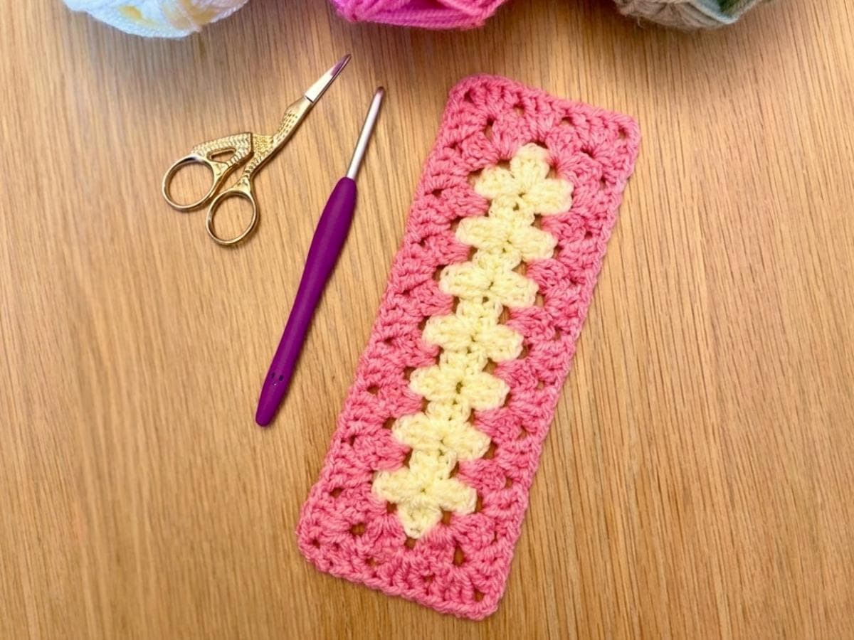 Photo of the 'Even Better' Granny Rectangle in yellow and pink