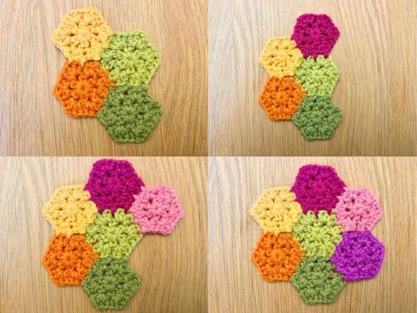Sequential stages of adding crochet hexagons to each other to form a group of six