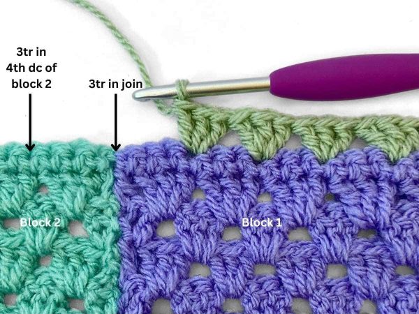 Photo showing how to work the crochet border across the join of two heart blocks