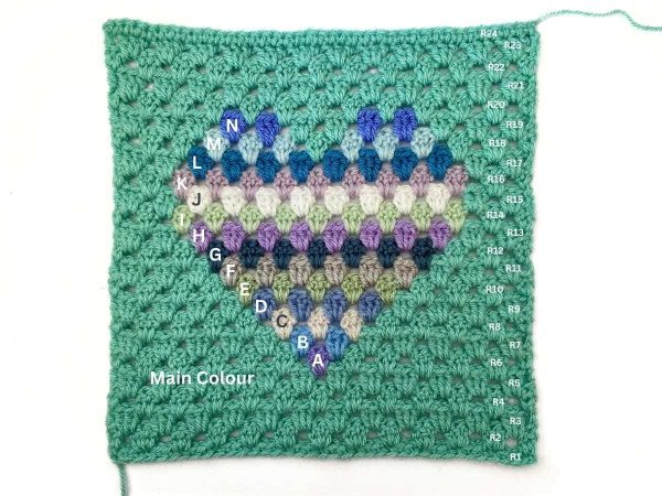 Schematic photo of one single heart block with the main colour and the colours in the heart all indicated along with the row numbers
