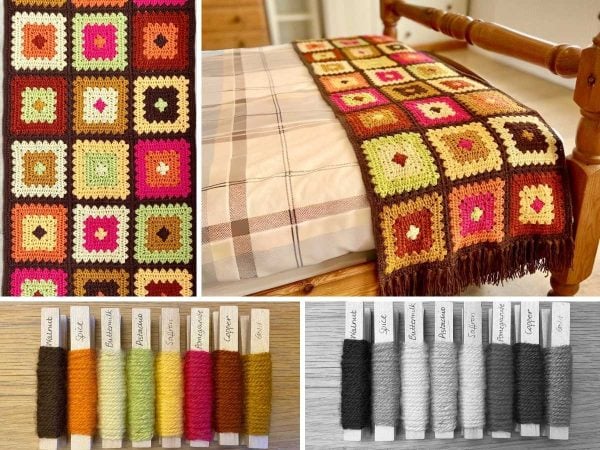 Trellis Granny Square Bed Runner colour palette with a dark brown as a joining colour