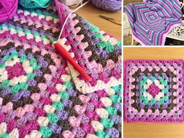 Amethyst Granny Square Blanket in various stages of development